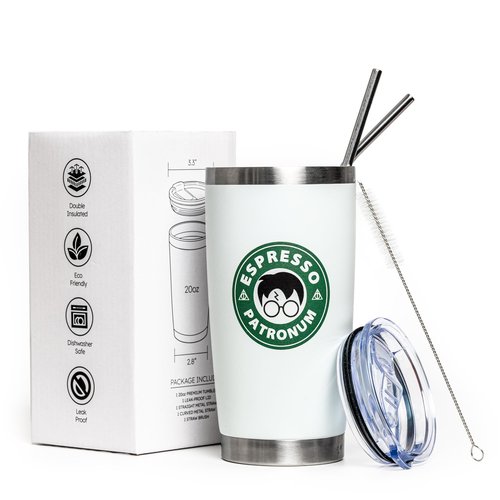 Maako Espresso Patronum Potter Stainless Steel Double-Insulated 20oz White Tumbler Mug with Leak-Proof Lid - Metal Straw and Brush Included - Harry P Cup Gift