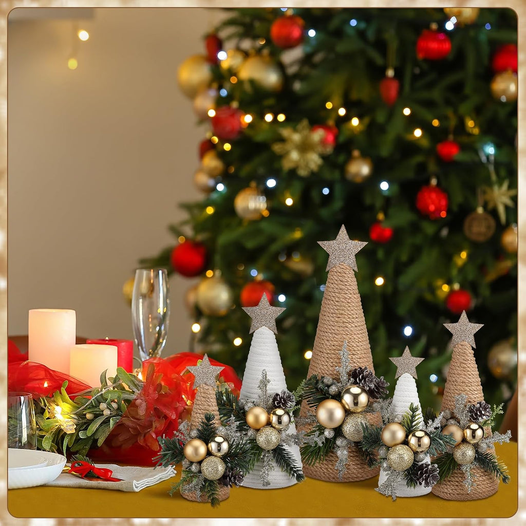 Thyle Christmas Yarn Trees - 5 Pcs Artificial Cone Tree Set with Stars | Festive Tabletop Decor