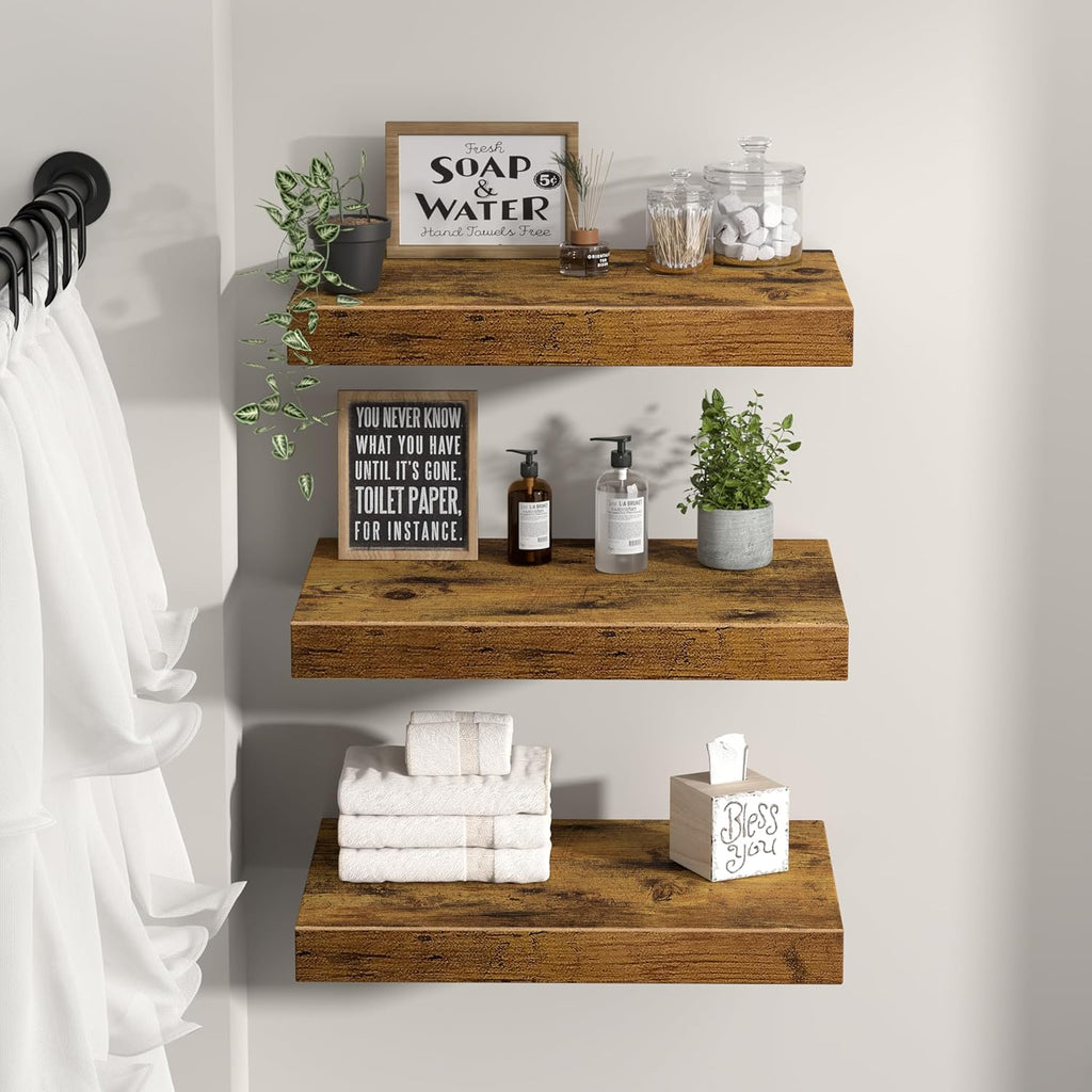 QEEIG 10" Deep Floating Shelves - Rustic Brown Wall-Mounted Bookshelf Set of 3 for Bathroom, Bedroom, Kitchen & Living Room