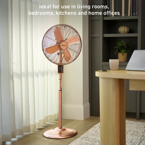 Holmes 16 Inch Copper Digital Metal Stand Fan 3 Speeds 75 Degree Oscillation 20 Degree Head Tilt Adjustable Height Quiet Operation Remote Control for Home Office Bedroom Living Room