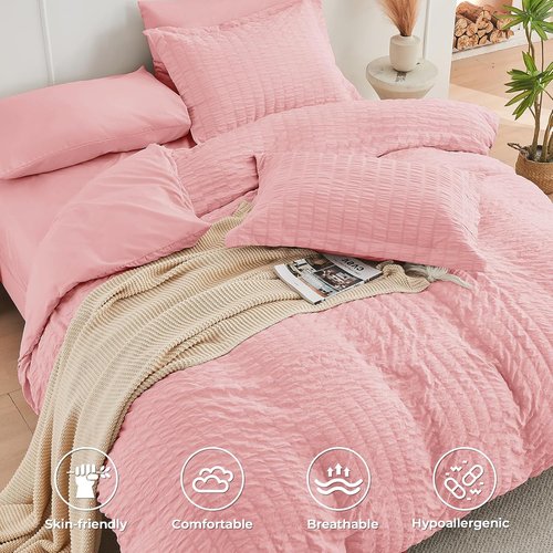 HYMOKEGE Twin Comforter Set - Luxury Rose Pink Seersucker Bedding | 5-Piece All-Season Bed in a Bag