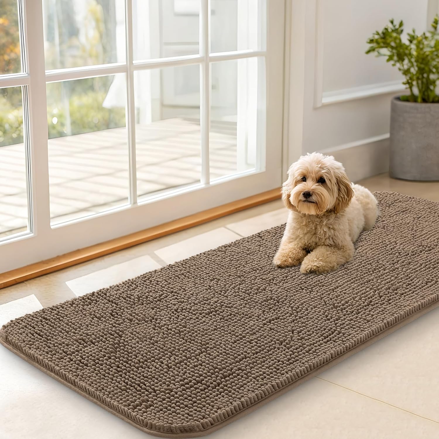 OLANLY Dog Door Mat - Absorbent Non-Slip Chenille Mat for Muddy Paws | 47x20 Tan Indoor Entryway Carpet