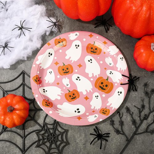 24Pcs Pink Halloween Paper Plates 9 Inch Cute Ghost Pumpkin Disposable Plates Decorative Party Plates for Halloween Birthday Party Dinner Tableware Supplies Table Decor