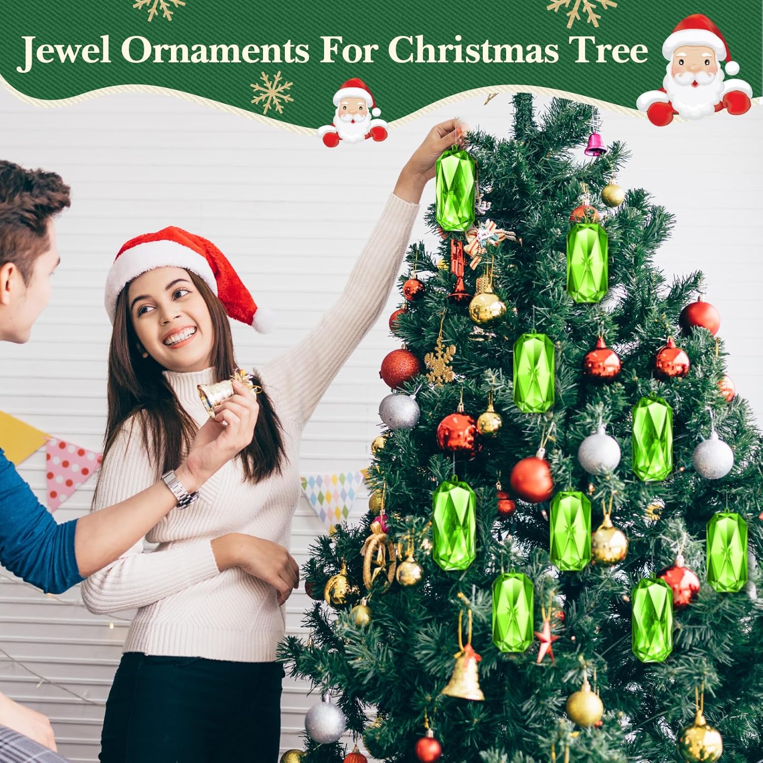 Syhood 4 Pack Acrylic Green Jewel Ornaments - 5.7 Inch Glittering Christmas Tree Decorations | Perfect for Weddings & Holiday Parties