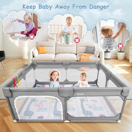 JINXIA Baby Playpen - Large 50" x 50" Soft Mesh Safety Play Yard for Indoor & Outdoor Fun - Grey