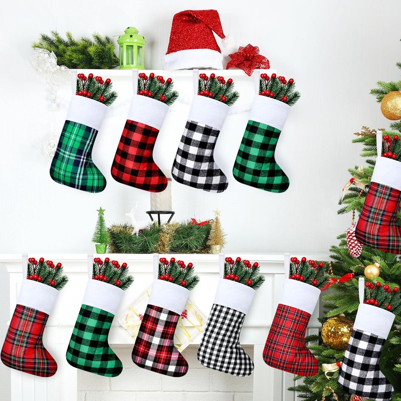 Skylety 60 Pcs Mini Christmas Stockings 8.27 Inch Small Buffalo Plaid Red Black Stockings Hanging Ornament Classic Bulk Christmas for Family Holiday Party Gift Xmas Tree Decoration