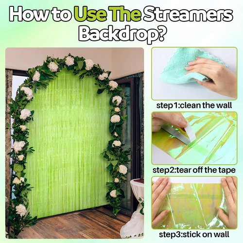 Fanfanwin Neon Green Streamers - 2 Pcs Foil Fringe Backdrop Curtains for Parties | 3.28 x 8.2 ft