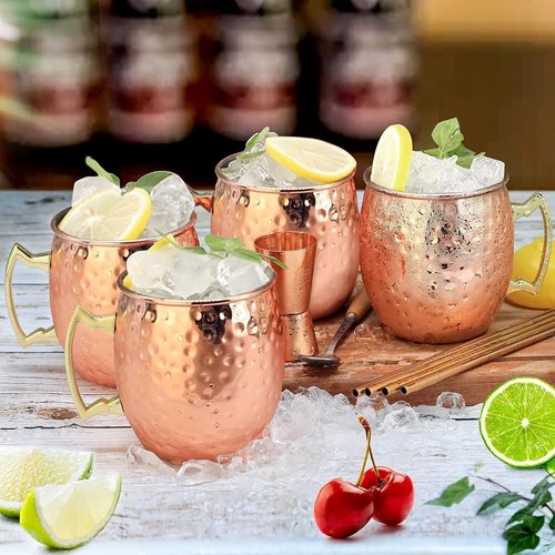 Moscow Mule Mugs Set of 12 Plated Copper Mule Mugs 18oz Bulk Large Hammered Stainless Steel Cups with 1pcs 0.5oz Double Jigger 12pcs Stainless Steel Straws for Cold Chilled Drinks Cocktails