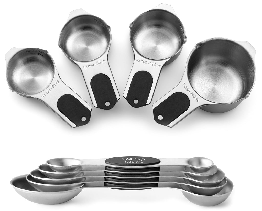 Spring Chef Magnetic Measuring Cups & Spoons Set, Patented, Strong N45 Magnets, Heavy Duty Stainless Steel Fits in Spice Jars for Baking & Cooking, BPA Free, Round Set of 9, Black