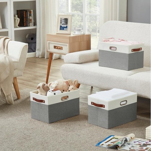 Bagnizer Fabric Storage Bins - Large Collapsible Organizer Baskets with 3 Handles | 3 Pack, Durable Gray & White (14.9"x9.8"x9.8")