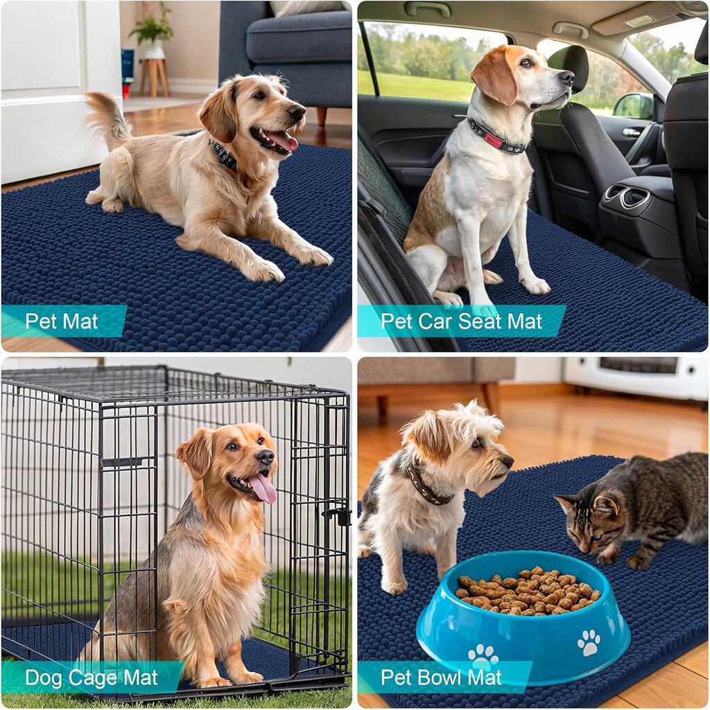 OLANLY Dog Door Mat - Absorbent Non-Slip Chenille for Muddy Paws | 40x24 Dark Blue Quick Dry Doormat