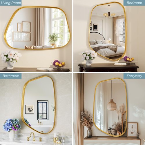 Irregular Wall Mirror 26"x40" Bathroom Mirrors Asymmetrical Artistic Decorative for Living Room Bedroom Bathroom Hallway Entryway,Trapezoid,Gold