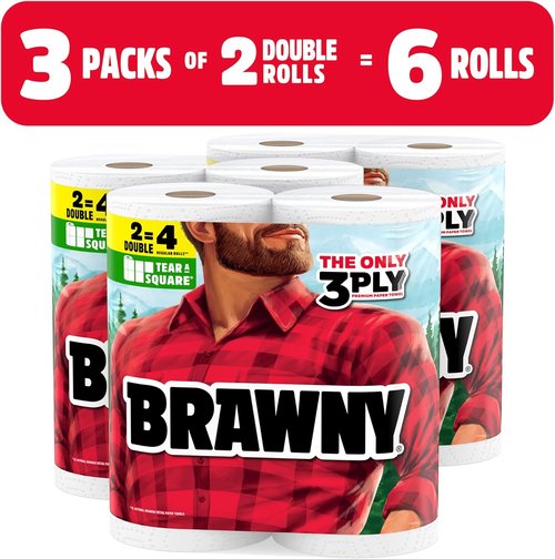 Brawny Tear-A-Square 3-Ply Paper Towels - 6 Double Rolls (12 Regular Rolls) | Convenient & Durable