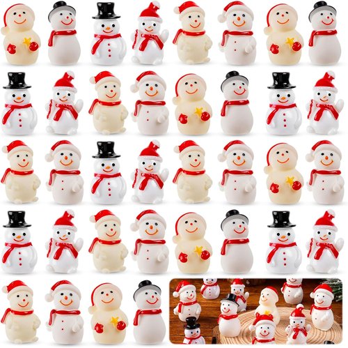 Mini Snowman Figurines - 36Pcs Resin Snowmen with Hats for DIY Christmas Fairy Garden Decor