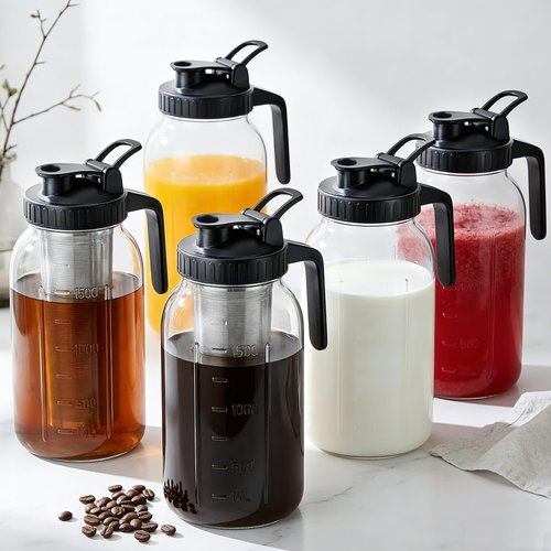 Cold Brew Coffee Maker 64 Oz Wide Mouth Mason Jar Pitcher With stainless steel Filter 2 Quart Airtight & Leak-Proof cold brew pitcher with pour spout lid and handle For iced Coffee Tea and lemonade
