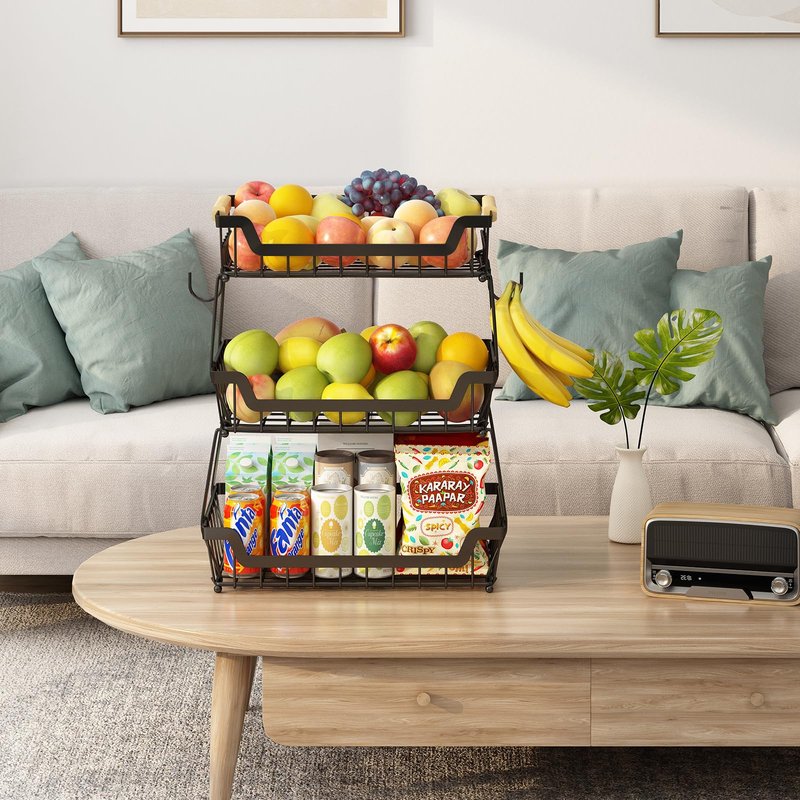 GILLAS 2 Tier Countertop Fruit Basket with 2 Banana Hangers for Kitchen, Detachable Metal Organizer for Bread Vegetable Fruits with Wooden Handle, Large Capacity Rectangular Storage Stand Bowls, Black