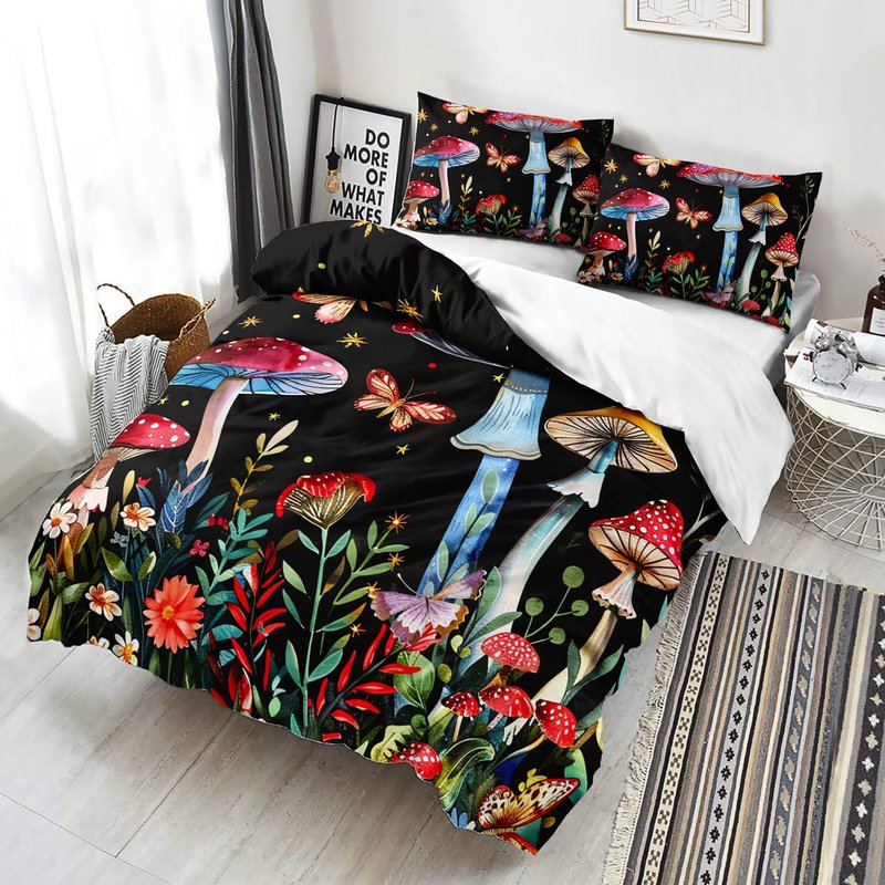 AILONEN Red Mushroom Duvet Cover Set King Size,Botanical Plant Fungus Butterfly Cartoon Mushroom Comforter Cover Set 3 Pieces for Kids Boys Girls Adults,1 Quilt Cover with 2 Pillowcases
