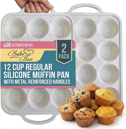 Bake Boss Silicone Muffin Pan - 2-Pack with Metal Reinforced Frame | 12-Cup, BPA-Free, Oven & Dishwasher Safe