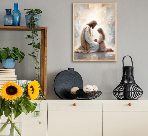 Jesus Wall Art - Christian Spiritual Painting of Jesus Praying with Child | Unframed Religious Decor