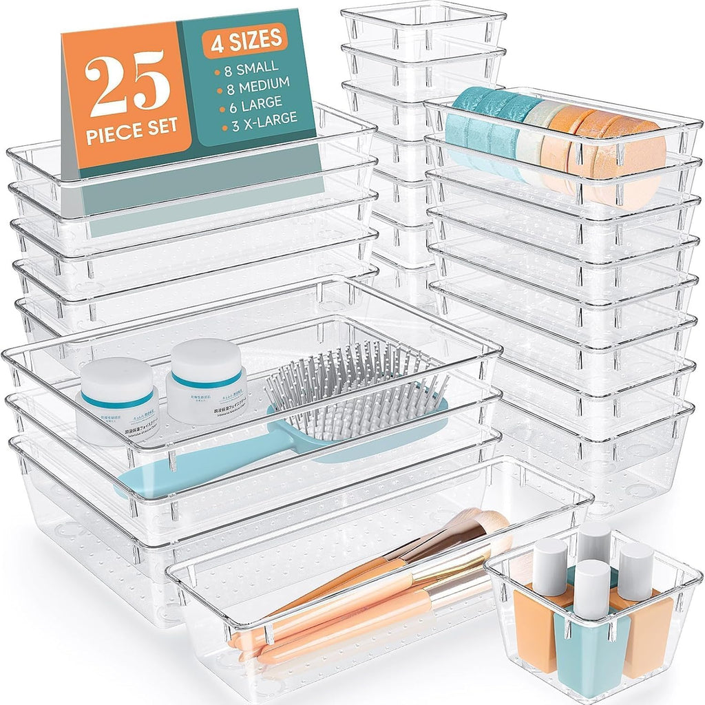 WOWBOX Clear Plastic Drawer Organizer Set - 25 PCS with 4 Sizes for Makeup, Jewelry, Gadgets | Ideal for Kitchen, Bedroom, Bathroom, Office