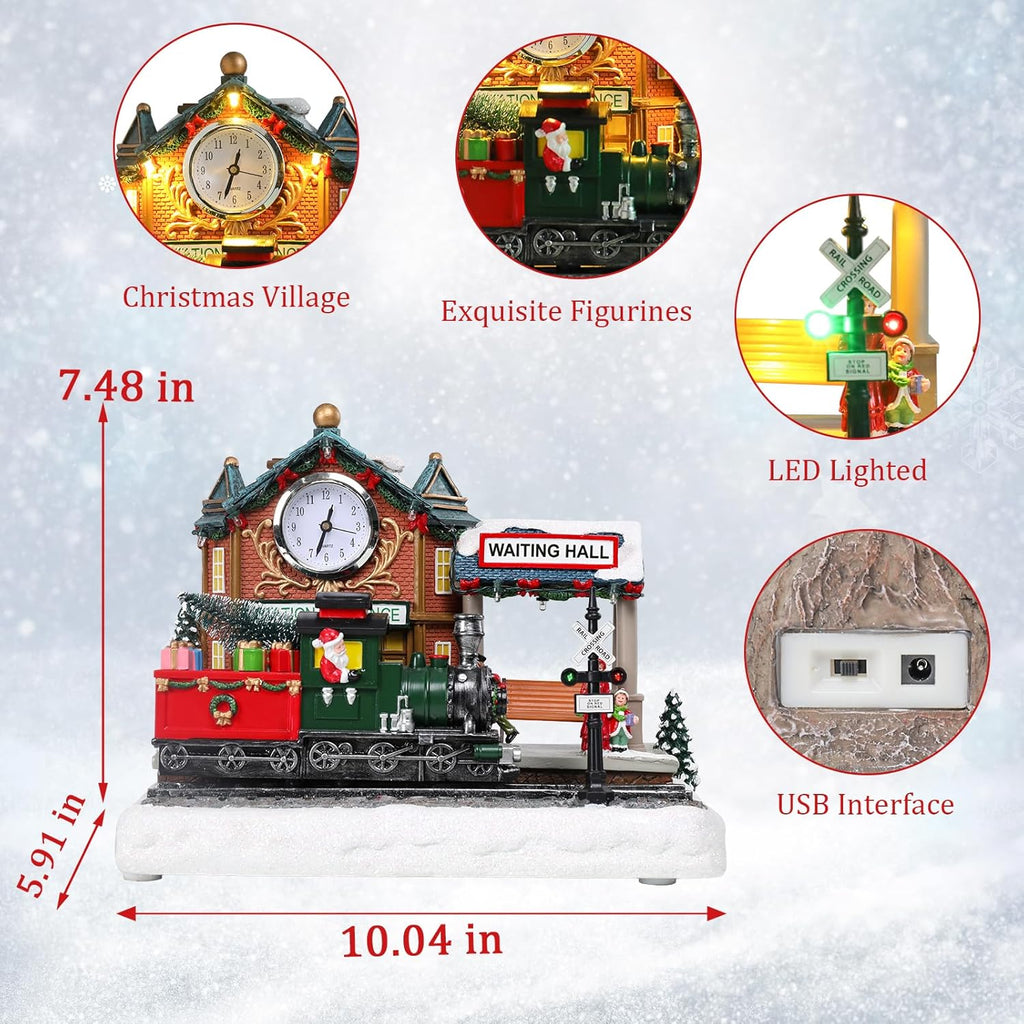 VCUTEKA Lighted Animated Christmas Village Train Station | Musical Santa Decor for Holiday Display
