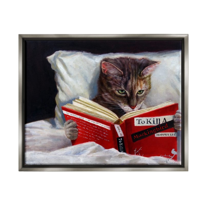 Stupell Industries Cat Reading a Book in Bed Funny Painting, Design by Lucia Heffernan