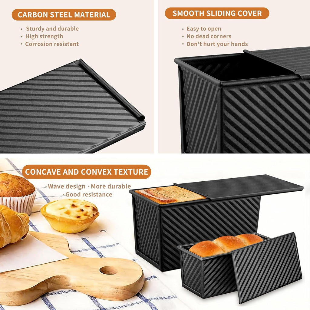 Pullman | 3-Pack Non-Stick Bread Loaf Pans with Lids - Heavy Duty Carbon Steel for Homemade Sandwiches (Black)