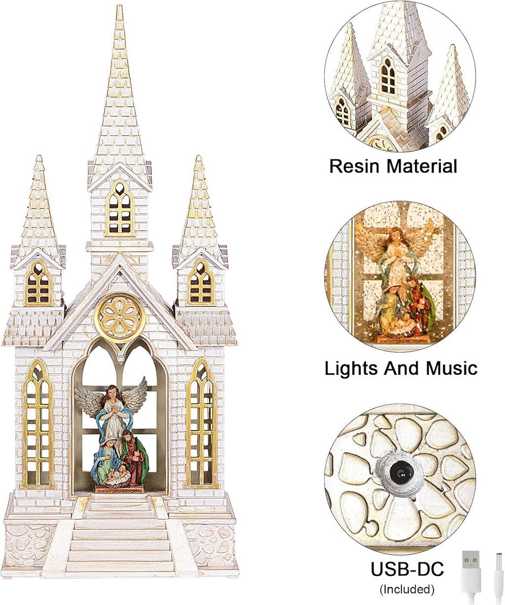Skiennix Church Snow Globe | Lighted Christmas Lantern with Angel Nativity Scene & Music