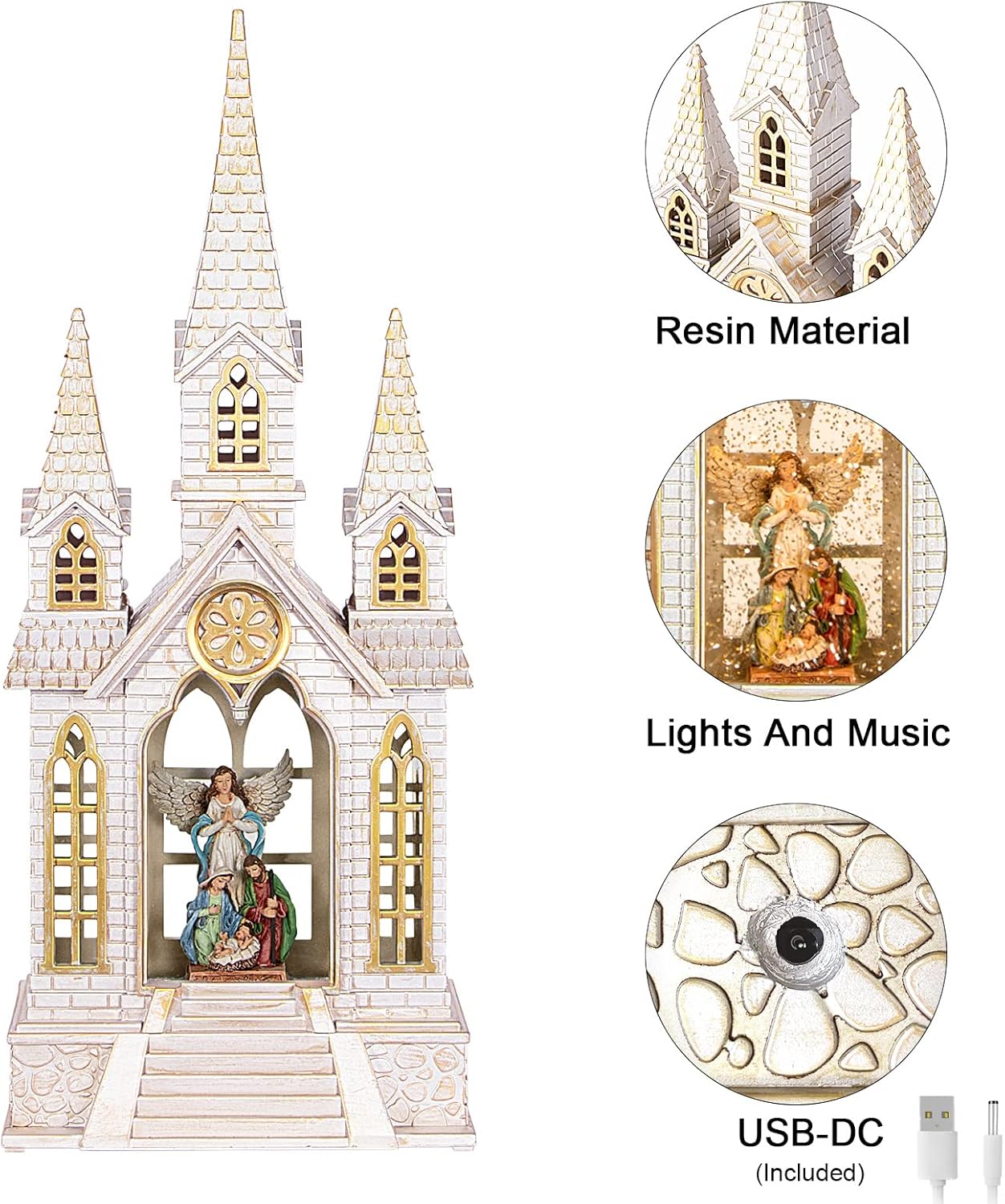 Skiennix Church Snow Globe | Lighted Christmas Lantern with Angel Nativity Scene & Music