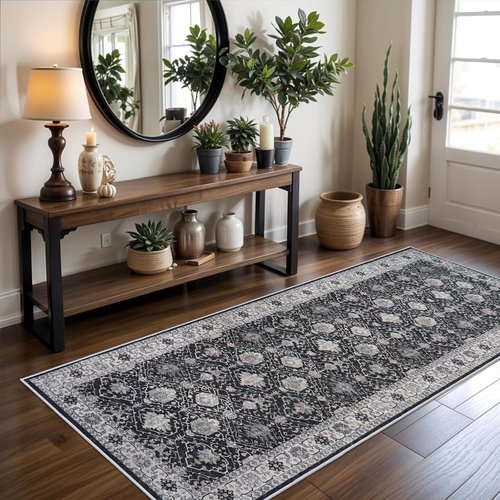 Hallway Washable Runner Rug - Vintage Non-Slip Soft Floor Mat for Kitchen & Entryway | 3x6 Black