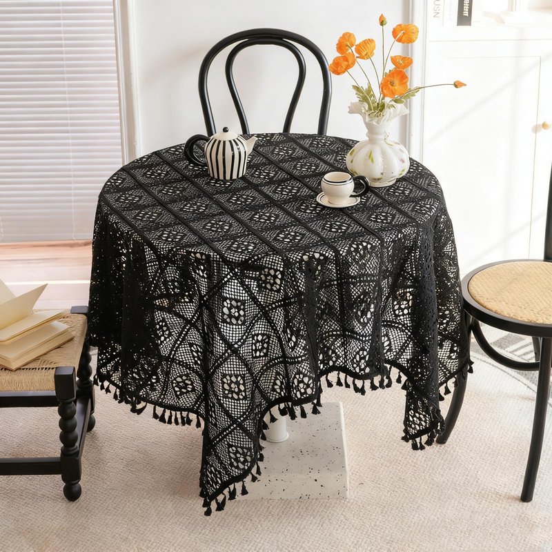 apott Crochet Lace Tablecloth with Tassel Round Table Cover for Kitchen Dinning Wedding Party Decoration Black 24x24 Inch