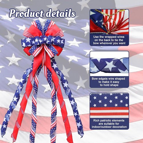 Large 4th of July Tree Topper Bow - Pre-Tied Patriotic Ribbon 52x13 Inch for Wreaths & Decor | Red, Blue, White
