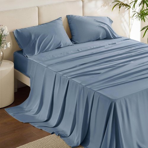 Bedsure Cooling Bed Sheets - Rayon from Bamboo, Breathable & Soft | Full Size, Deep Pocket, Dusty Blue