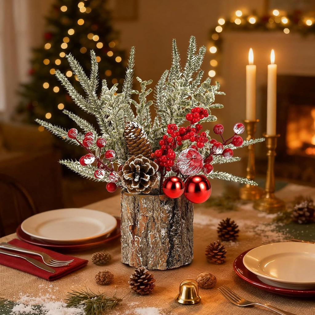 Regine Switzerland Christmas Table Centerpiece - Rustic Pinecones & Red Berries | 2-Piece Holiday Decor Set
