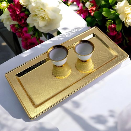 Maro Megastore 13.6 inch x 6.9 inch Rectangular Iron Gold Plated Serving Tray Floral Engraved Decorative Party Birthday Wedding Buffet Wine Candle Decor Platter Plate Base Dish FST-077
