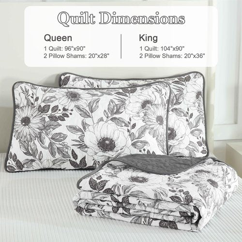Drucon Grey Floral Quilt Set Queen Size 3 Pieces Botanical Flower Quilt Coverlet Set with 2 Pillowcases Lightweight Soft Microfiber Bedding Set Bedspread for All Season 96"x90"