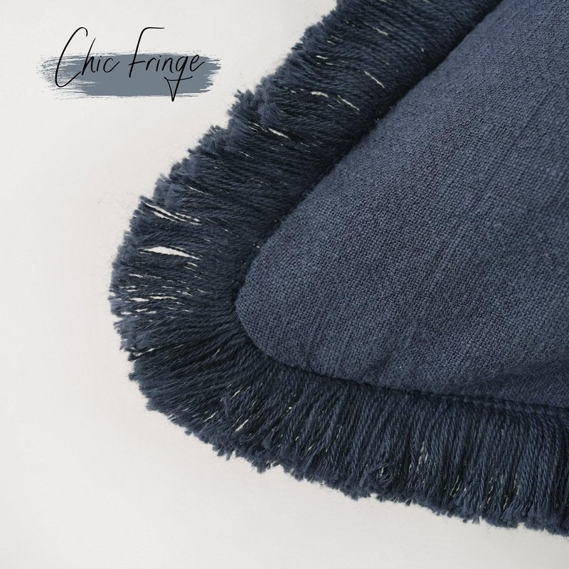 Foindtower Set of 2 Decorative Linen Fringe Throw Pillow Covers Cozy Boho Farmhouse Cushion Cover with Tassels Soft Accent Pillowcase for Couch Sofa Bed Living Room Home Decor, 16×16 Inch, Navy Blue