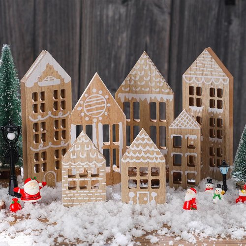 Briwooody Christmas Village Houses Set - 7 Pcs Wooden Gingerbread Decor for Home & Office | Winter Shelf Ornament