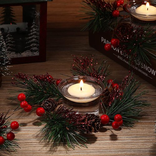 Dingion Christmas Candle Rings Set - 8 Pieces with Berry & Pinecone Holders for Votive Tapers | Wedding Decor