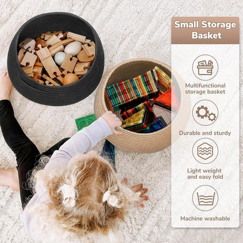 Goodpick Small Rope Storage Basket - Black Round Baskets for Socks, Dog Toys & Towels | 10 x 8.3 Inches
