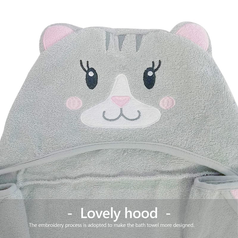 Style Quarters 100% Cotton Kids Hooded Bath Towel with Embroidery - Large 50"x24" Soft Terry Toddler Beach Towel, Cartoon Cat Hooded Towel for Boys & Girls (Grey Cat)
