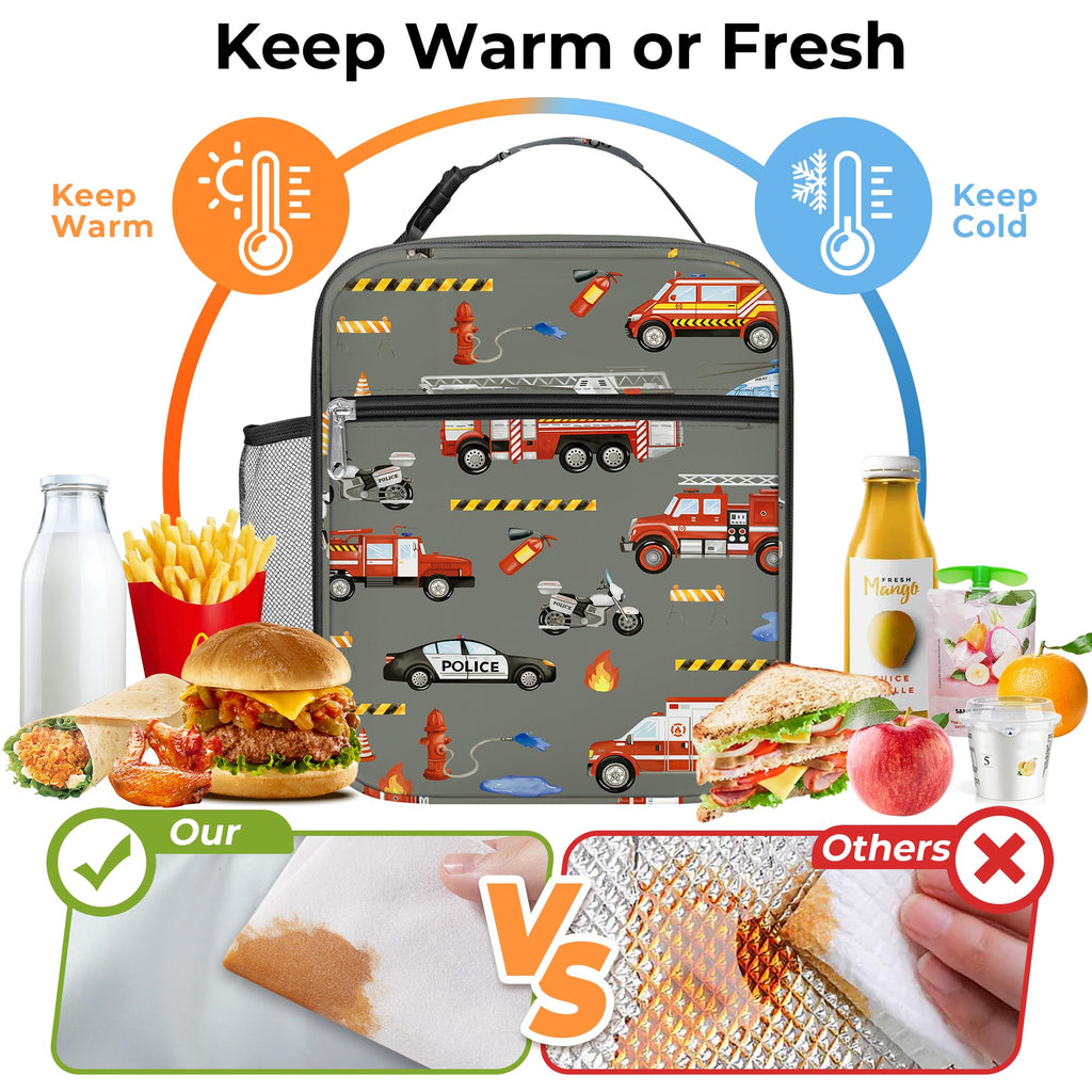 Clastyle Car Insulated Kids Lunch Bag Truck Large Thermal Cooler Bag for Boy Picnic School Lunch Box Tote,Fire Engine