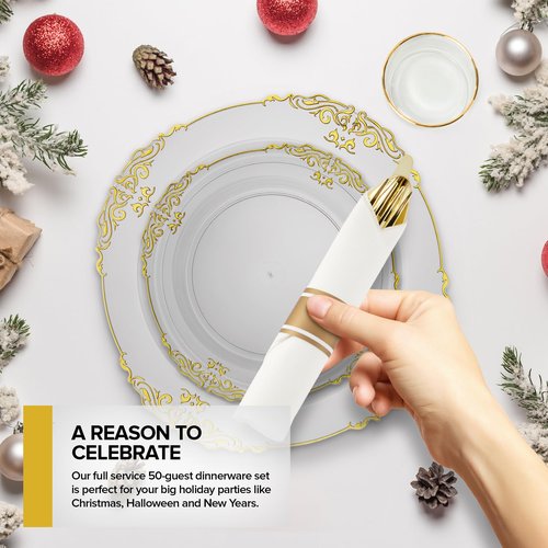 Stock Your Home Clear and Gold Plates Set with Pre-Rolled Cutlery with Napkins & Gold Cups, Dinnerware for 50 Guests (350pcs), Disposable Party Sets for Wedding, Bridal Shower, Graduation Parties