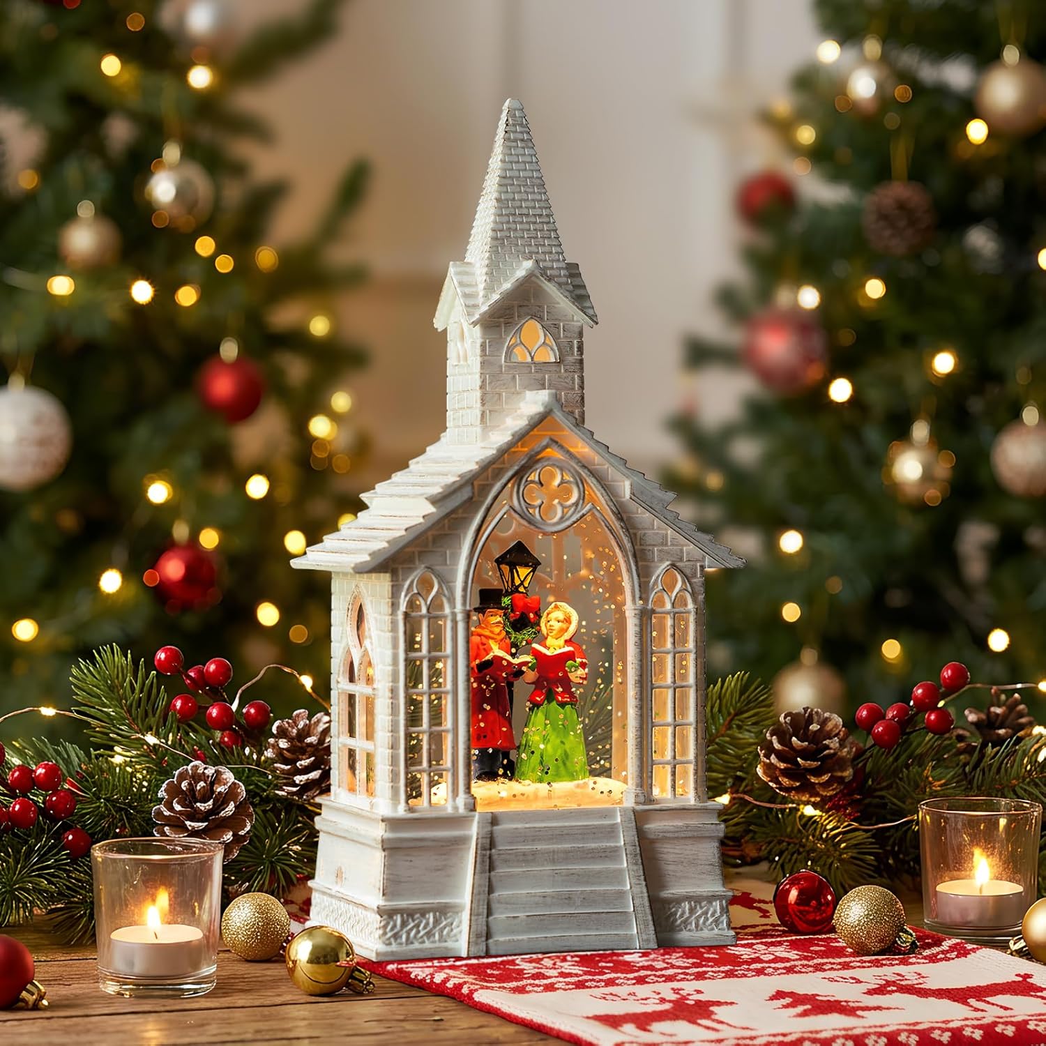 Skiennix Christmas Village Snow Globe - Church Choir Water Lantern with Silent Night Music | Holiday Decor Gift for Family & Friends