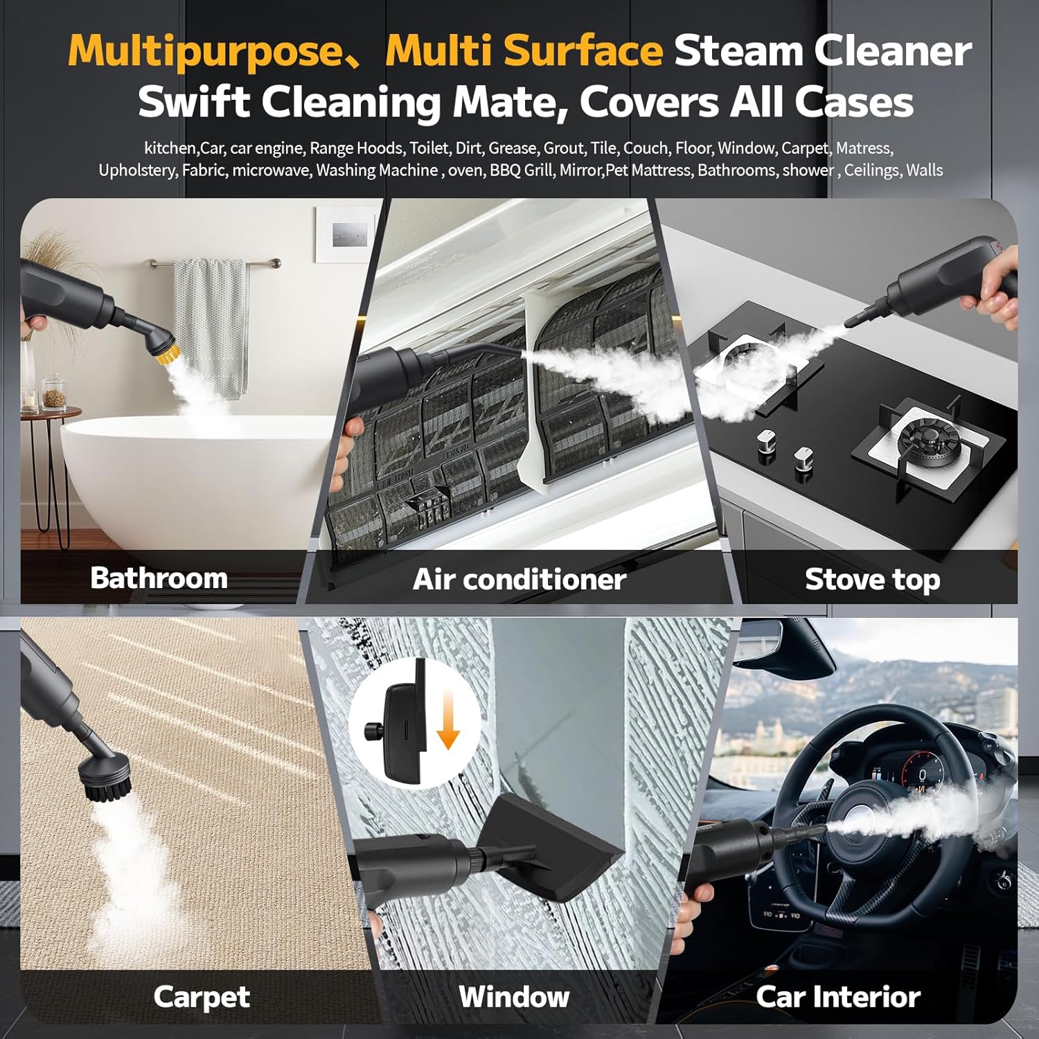 Pressurized Steam Cleaner - 54oz Portable Steamer with 15-Piece Kit | Fast Heat-Up in 15s, Handheld for Home & Car