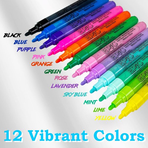 Epic Paint Markers - 12 Pack of Non-Toxic Acrylic Pens | Medium Tip for Multi-Surface DIY Crafts