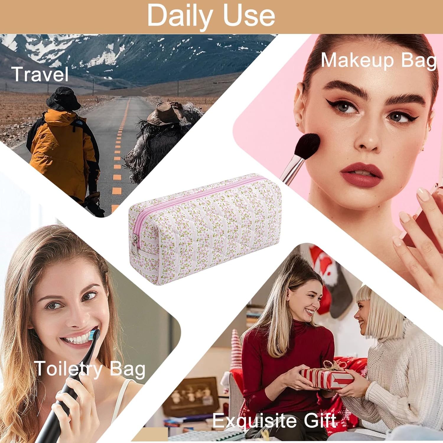 Skiennix Cute Floral Makeup Brush Bag - Quilted Travel Organizer Case in Pink Floral Design