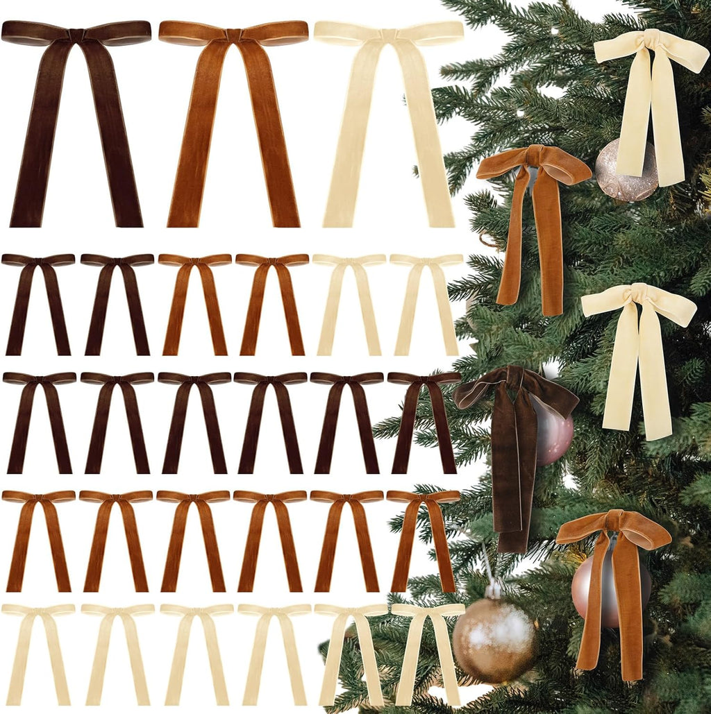 Regine Switzerland Velvet Bows - 24 Pcs Christmas Tree Ornaments | Khaki 5 x 7 Inch Decor