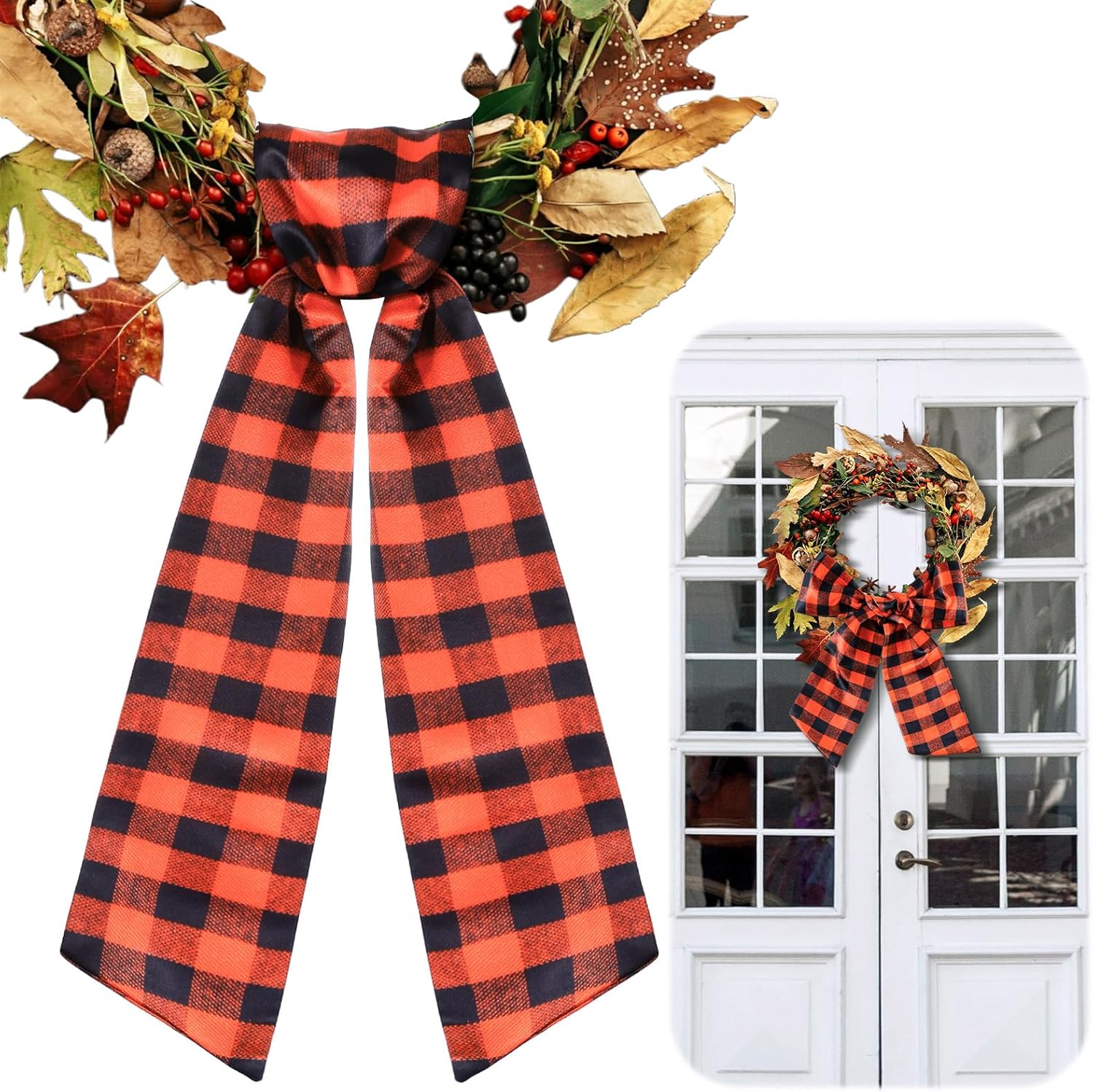 Regine Switzerland Wreath Sash - Customizable Satin Ribbon for Front Door Decor | Fall Plaid Design