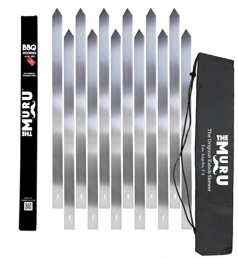Muru Skewers - The Original Kabob Skewers, 304 Stainless Steel 1.25" Thick for Even Cooking - Heavy-Duty BBQ Koobideh Kabob, Reusable & Easy to Clean (12)